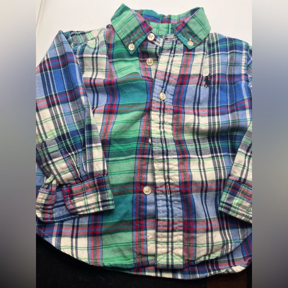 Ralph Lauren plain flannel button down long sleeve, 12mo perfect shape